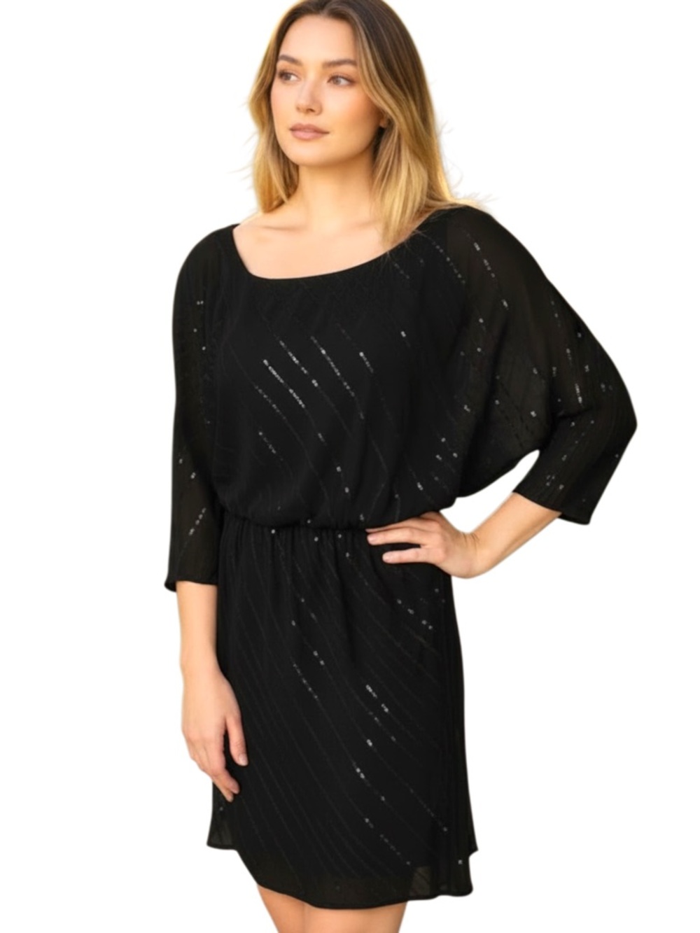 Vince Camuto Black Sequin Asymmetrical Neckline Faux Wrap Mini Dress (2)